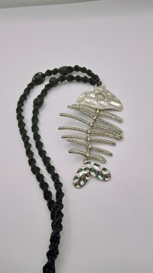 Fish Skeleton Hemp Necklace with Black Lava Gemstones