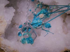 Paw Print Charm Necklace - Silver/Teal Flower