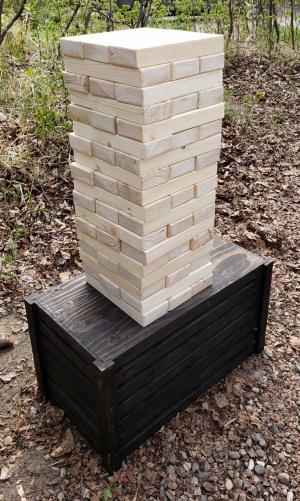 Giant Tumbling Tower (Jenga) with Jell-O shot holes and stained crate