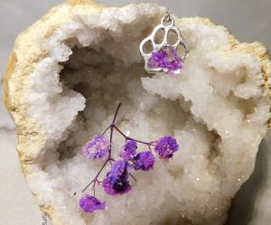 Paw Print Charm Necklace - Silver/Purple Flower