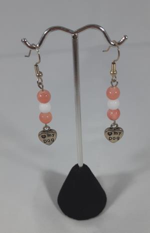Pierced earrings, pink and white beads, (heart) my dog charm