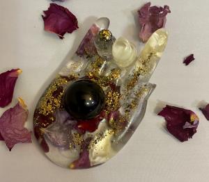 Resin Hand Sphere Gem Holder- Petals & Gold
