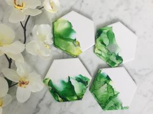 Hexagon Ceramic Coasters | Green | Resin | Silver