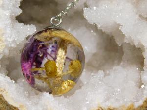Terrarium Sphere Necklace - Purple Moss/Yellow Flowers/Large Mushroom