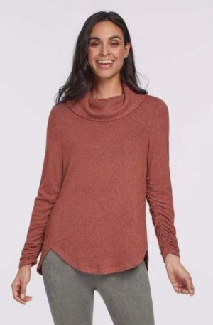 Tops - Cowl Neck Knit with Shirred Sleeves